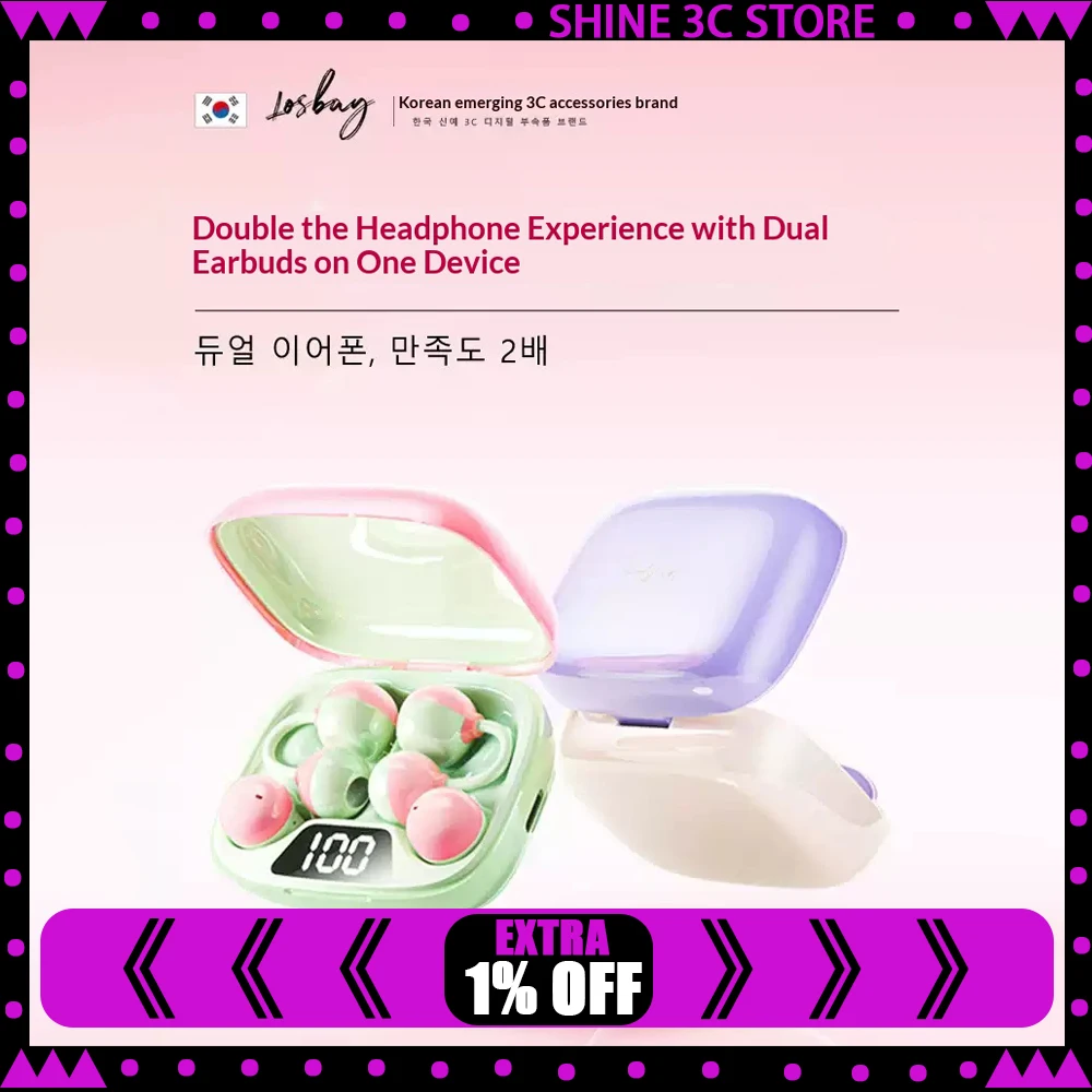LosBay Q75 Earphones Ear Clip & In-ear Dual Design Headphones Dual Reverse Anti-Leakage Sound Waves PC GIFTS