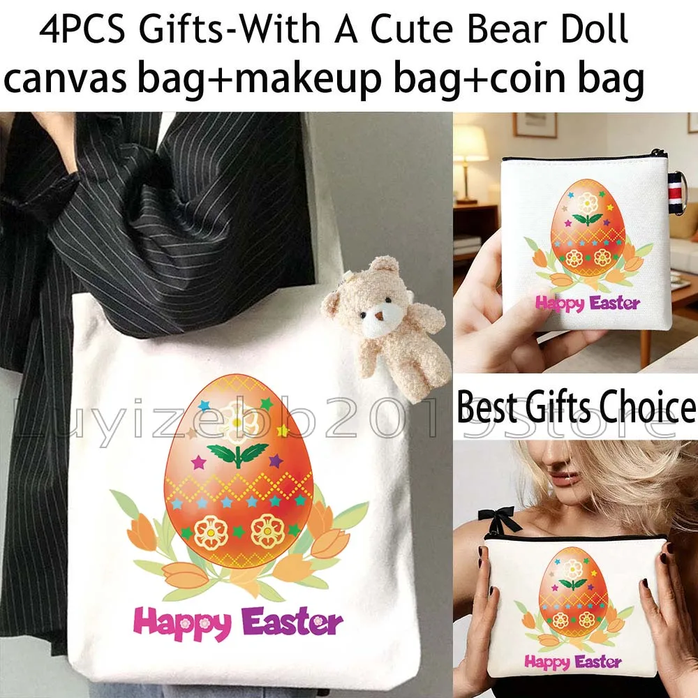 4PCS Cute Floral Easter Day Bunny Rabbit Gifts Canvas Tote Bag Cotton Handbag,Cosmetic Makeup Bag,Coin Purse Wallet Zipper Pouch