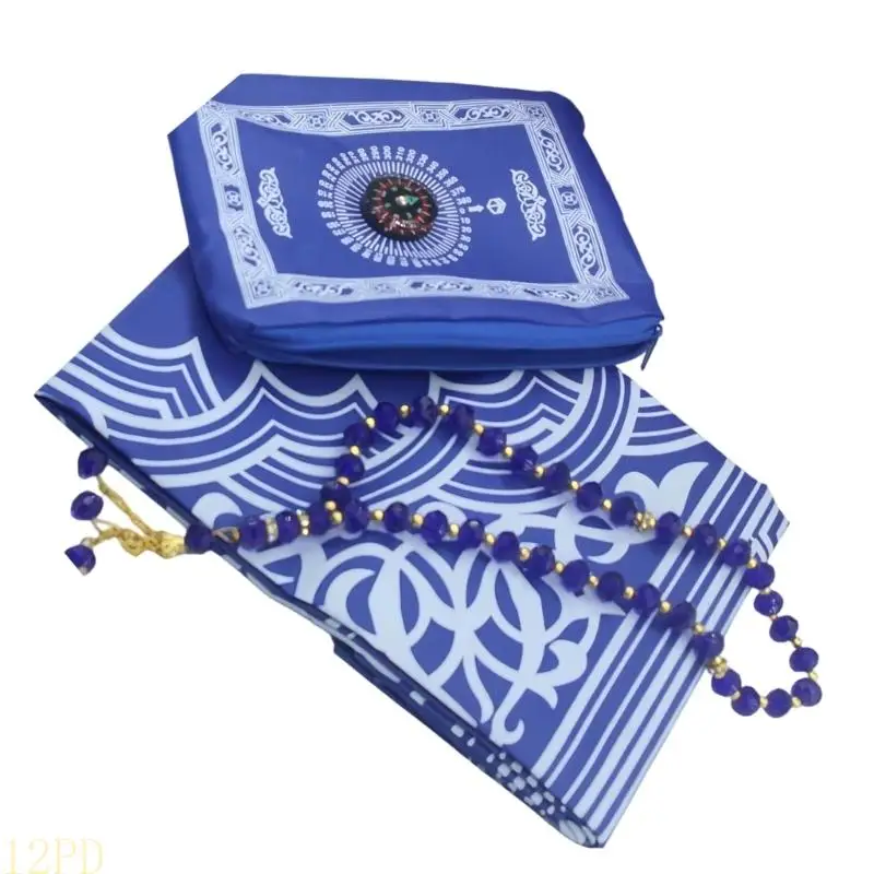 12PD Portable Prayer Rug With Compasses Beads Travel Prayer Mat Foldable Islamic Carpet