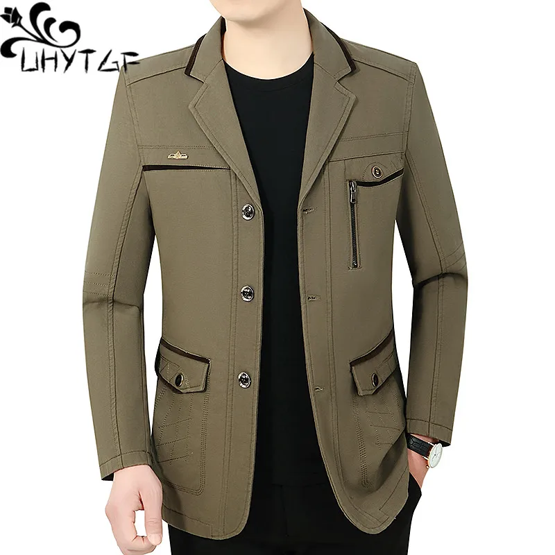 UHYTGF Spring Autumn Coat Male Single Breasted Casual Thin Cotton Men's Jackets Fashion Middle-Aged Elderly Blazers Outewear 150