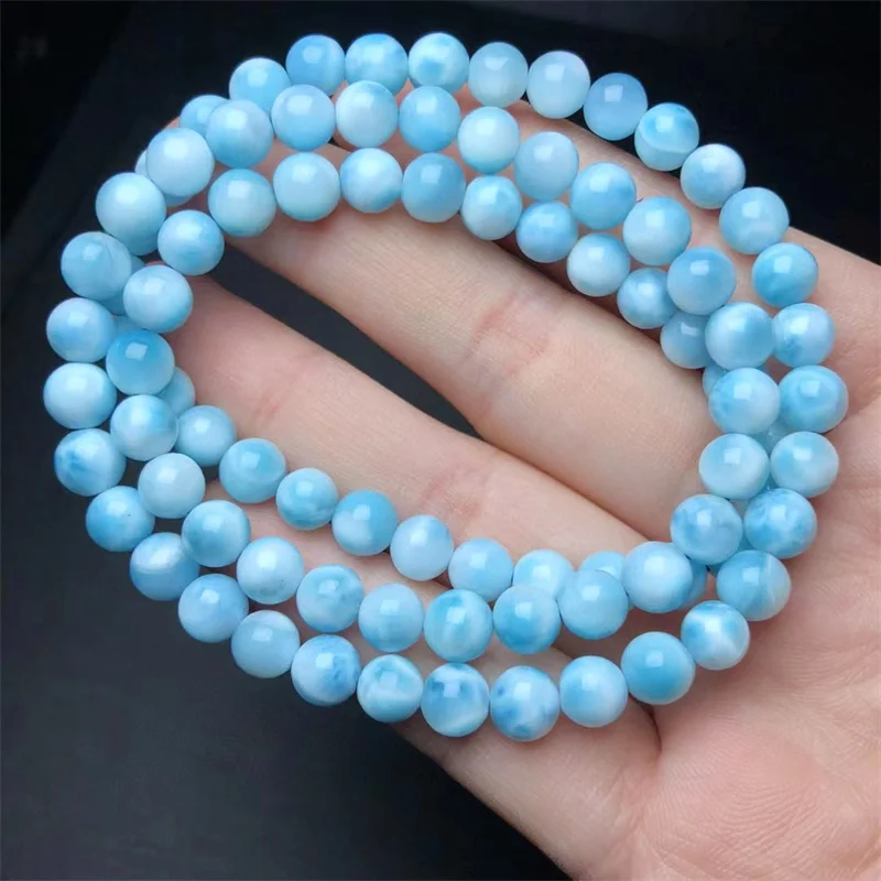 6.5mm Natural Larimar Triple Circle Bracelet Gemstone Round Bead Crystal Healing Gemstone Bracelet Jewelry Gift 1PCS