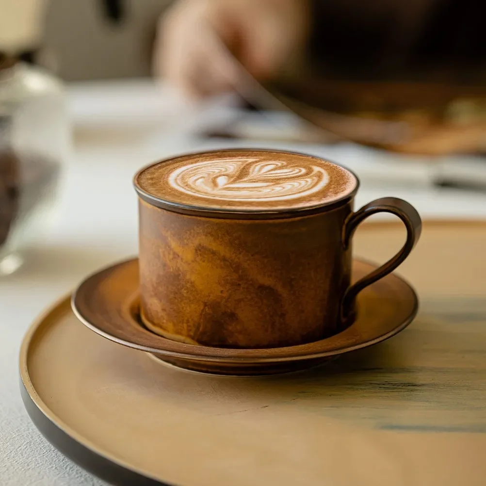 Japanese Retro Coffee Cup and Plate Set Large Capacity 250ml Ceramic Cappuccino Cup Milk Cup Kiln Made Coarse Pottery Mug