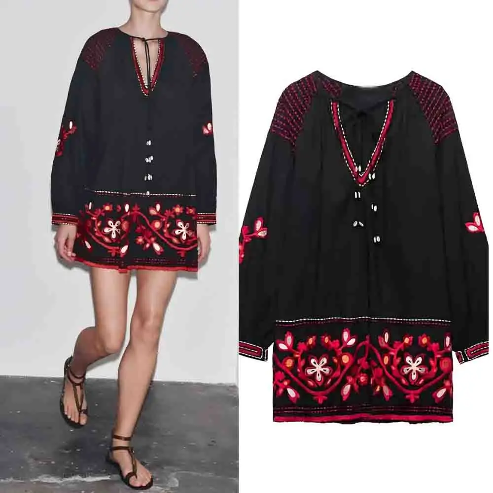 

Women's new fashion lace up decoration loose pleated embroidery mini dress retro V-neck long sleeved women's dress