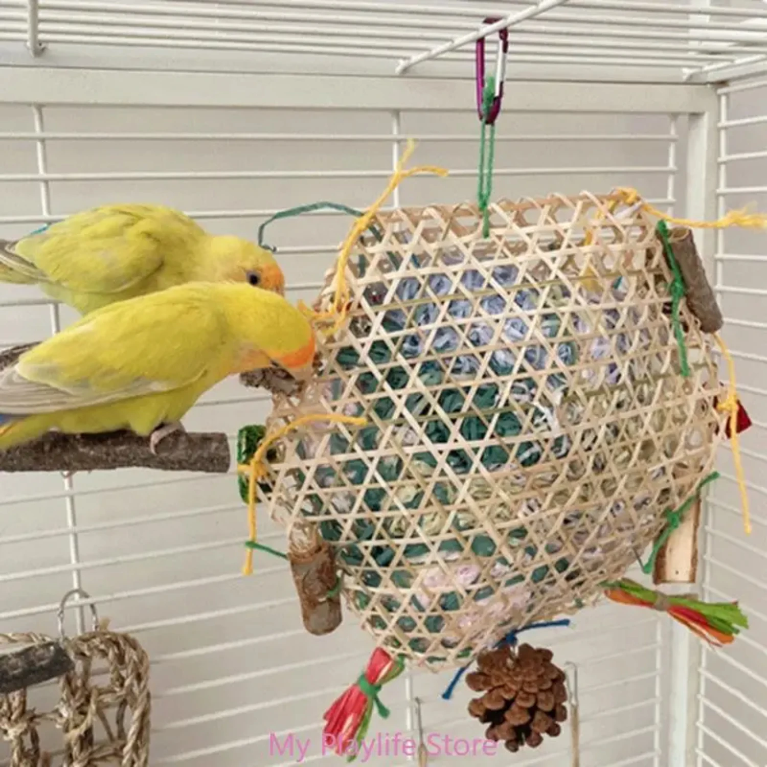 Colorful Parrot Climbing and Foraging Bite Toy, Bamboo Woven Bird Chew Toy with Colored Paper Shredder - Ideal for Lovebirds, Co