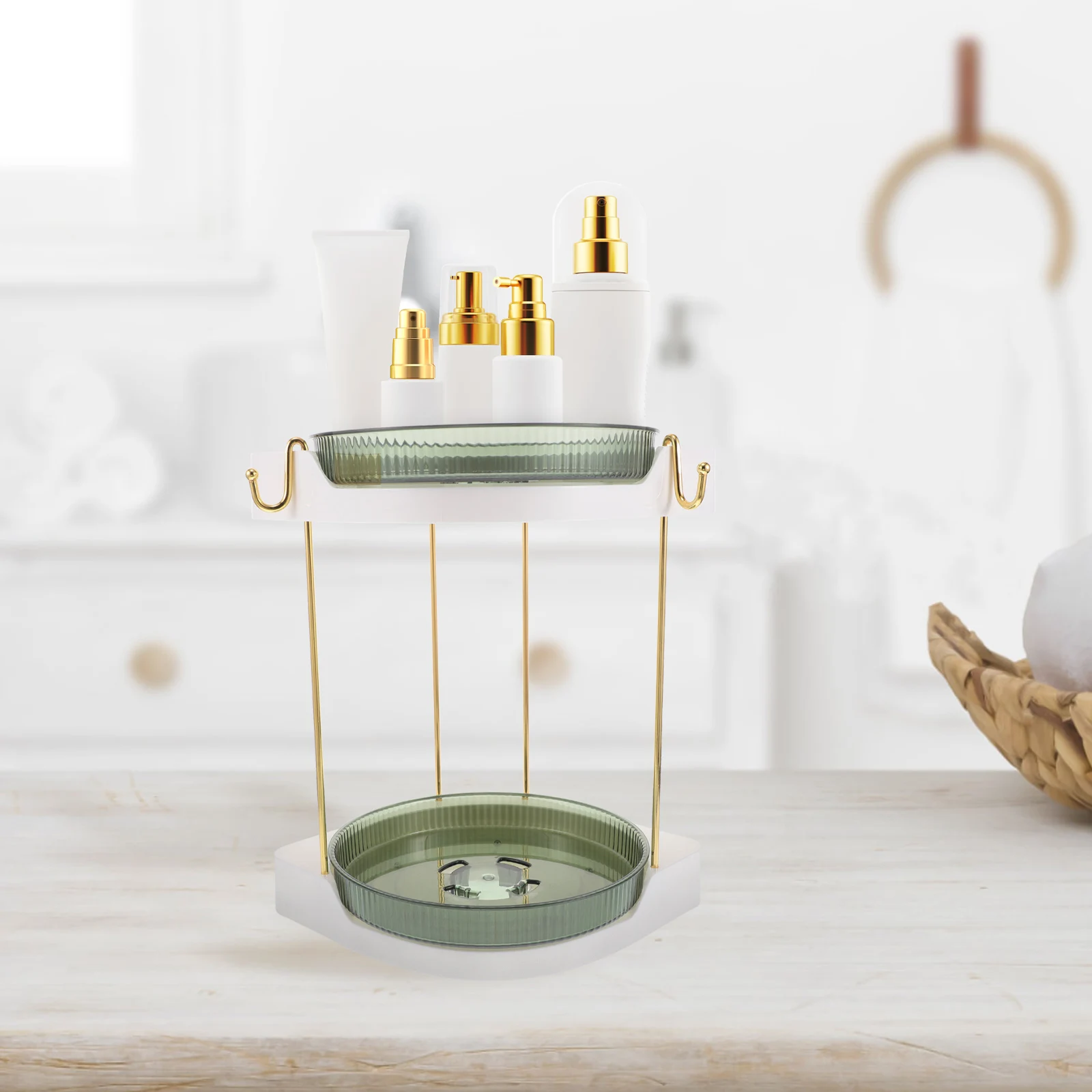 

360° Rotating Corner Makeup Organizer Extra Large Capacity Skincare Storage Vanity Shelf Bathroom Countertop Organizer Rotating