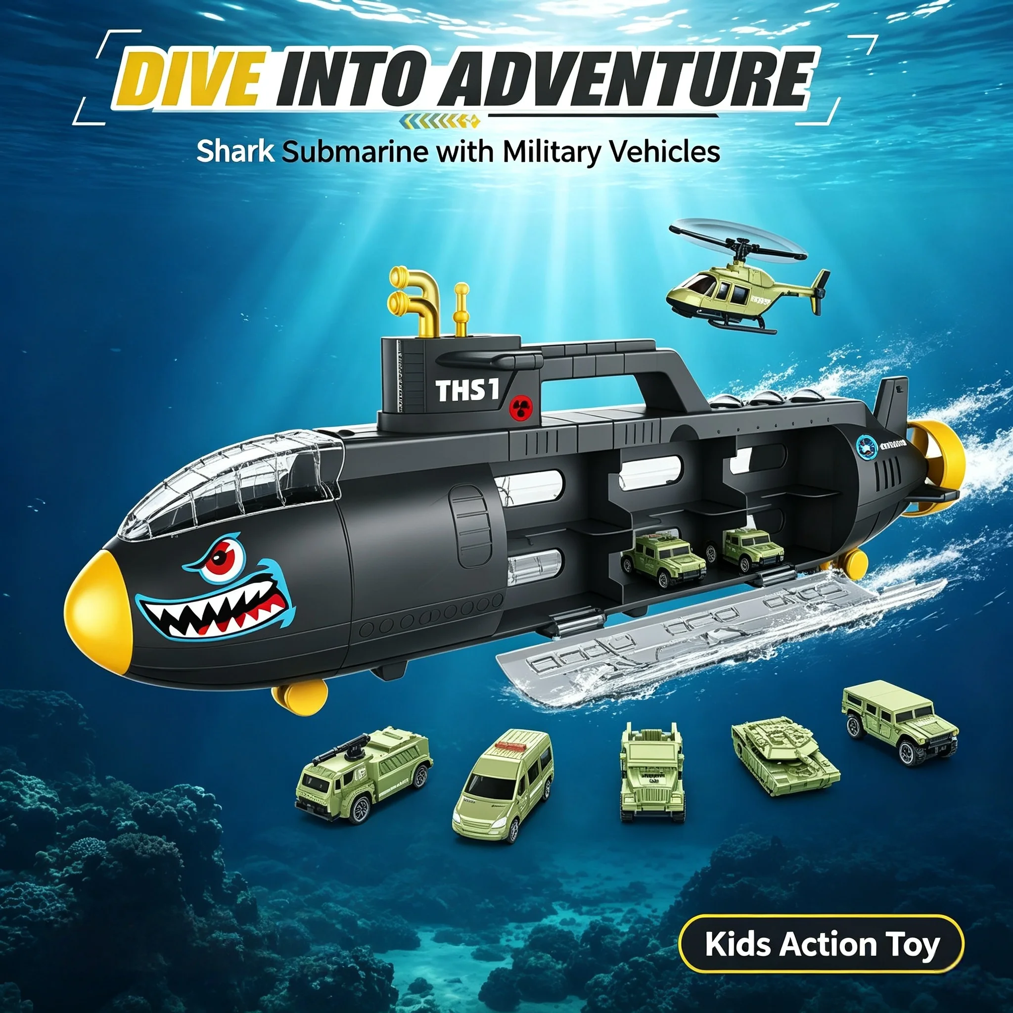 Large Shark Submarine Storage Model with Openable Hatch and Rotatable Propeller, Military Vehicle Combination Toy - view 3