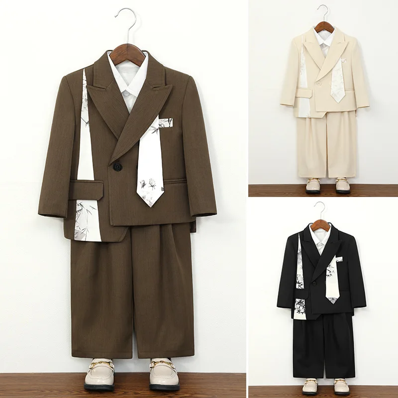 

Boys Chinese Style Suit Bamboo Print Blazer Pants Vest Set Elegant Kids Formal Outfit for Wedding Birthday Party Photoshoot 10 Y