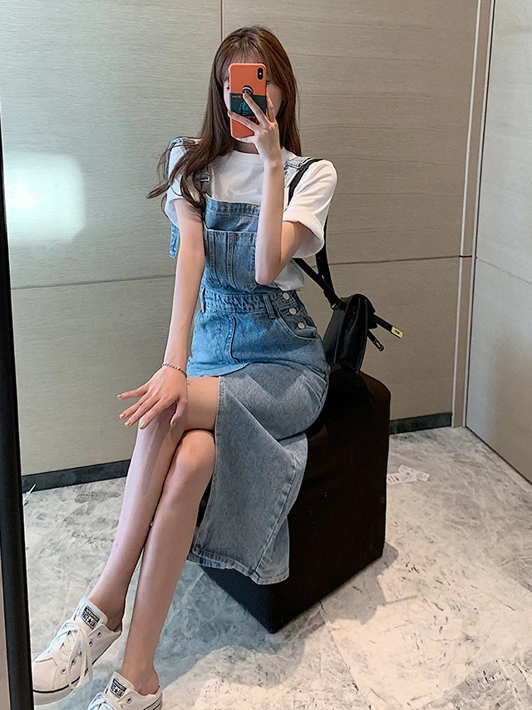 Teen Girls Casual Pencil Dresses Female Adjustable Strap Jean Dresses Blue Black Summer 2022 Women Denim Dress Sundress