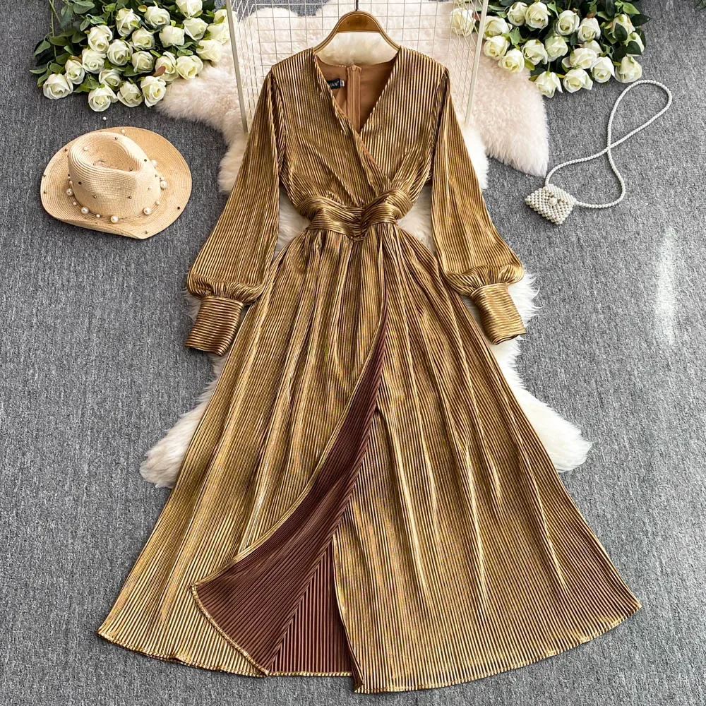 Elegant Long Sleeves Vintage V-neck Chic Fashion Split Slim Pleated Dresses French Evening High Street Autumn Winter Clothing