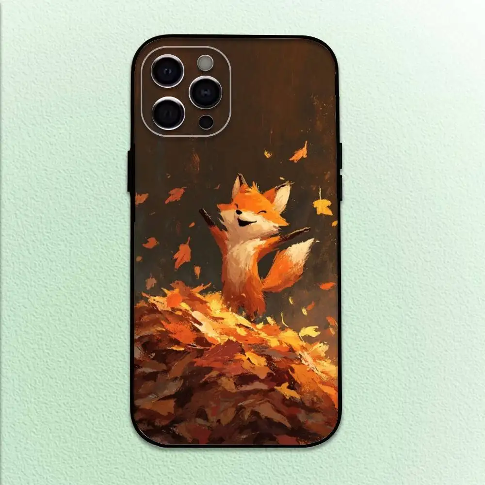 حافظة هاتف كارتون فوكس لطيفة لهاتف آيفون 17،16،15،14،13،12،11 بلس، برو ماكس غطاء أسود ناعم