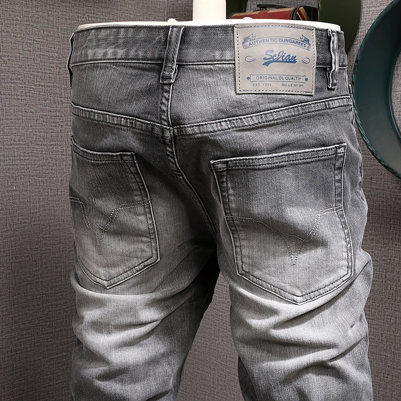 European Vintage Fashion Men Jeans High Quality Retro Gray Elastic Slim Fit Ripped Jeans Men Casual Designer Denim Pants Hombre