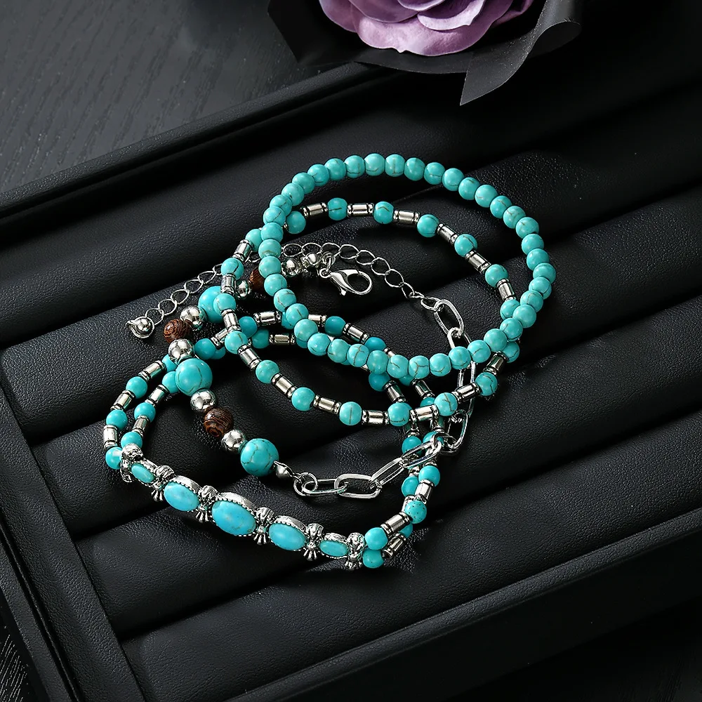 4Pcs/Set Bohemia Imitate Turquoise Decorated Bead Bracelet set for Women Trendy Natural Stone Beads Chain Jewelry Gifts