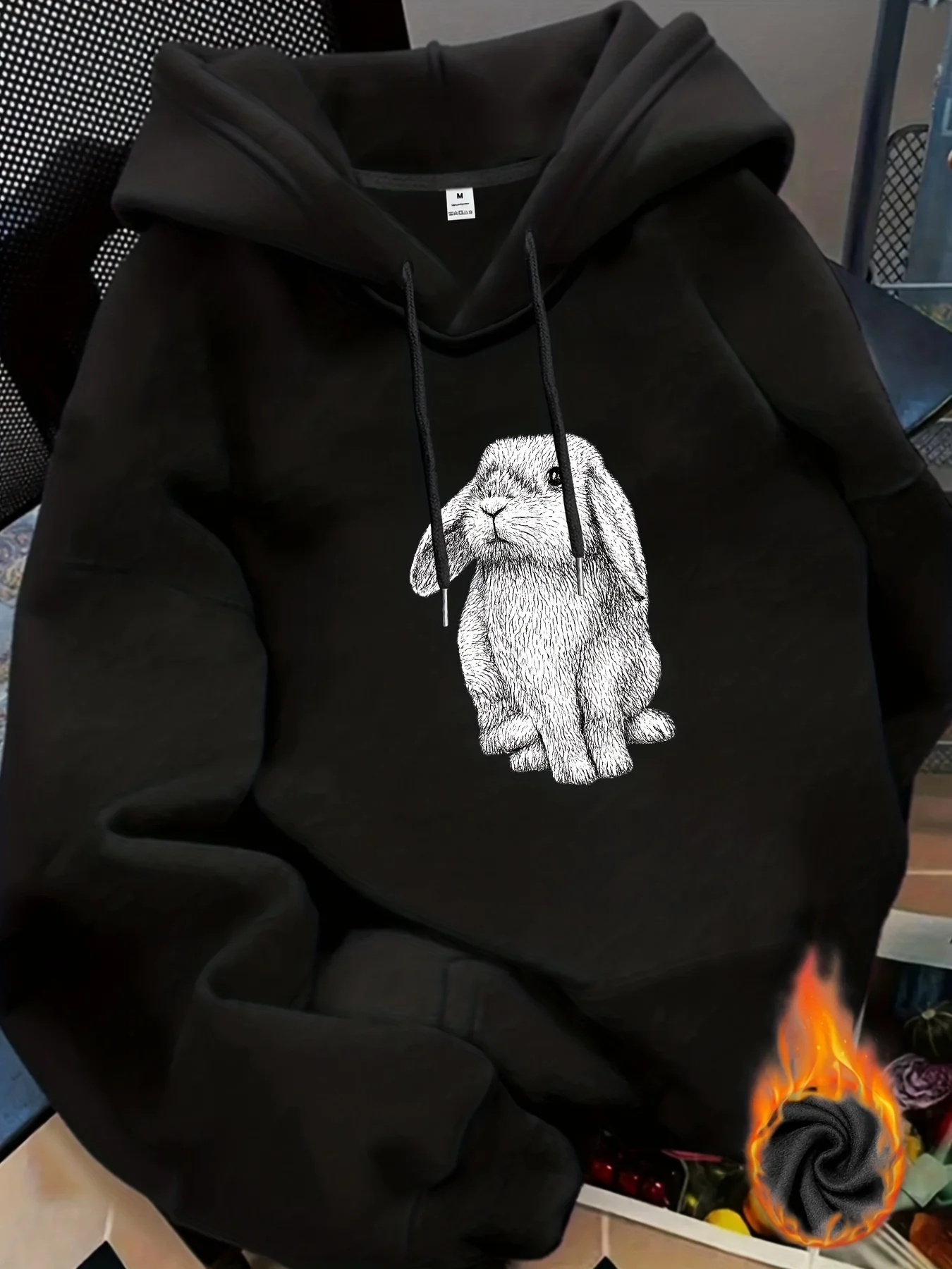 Women's Loose Winter Pullover Hoodie Cute Rabbit Portrait Graphic Print Long Sleeve Front Placket Casual Warm Hooded Sweatshirt