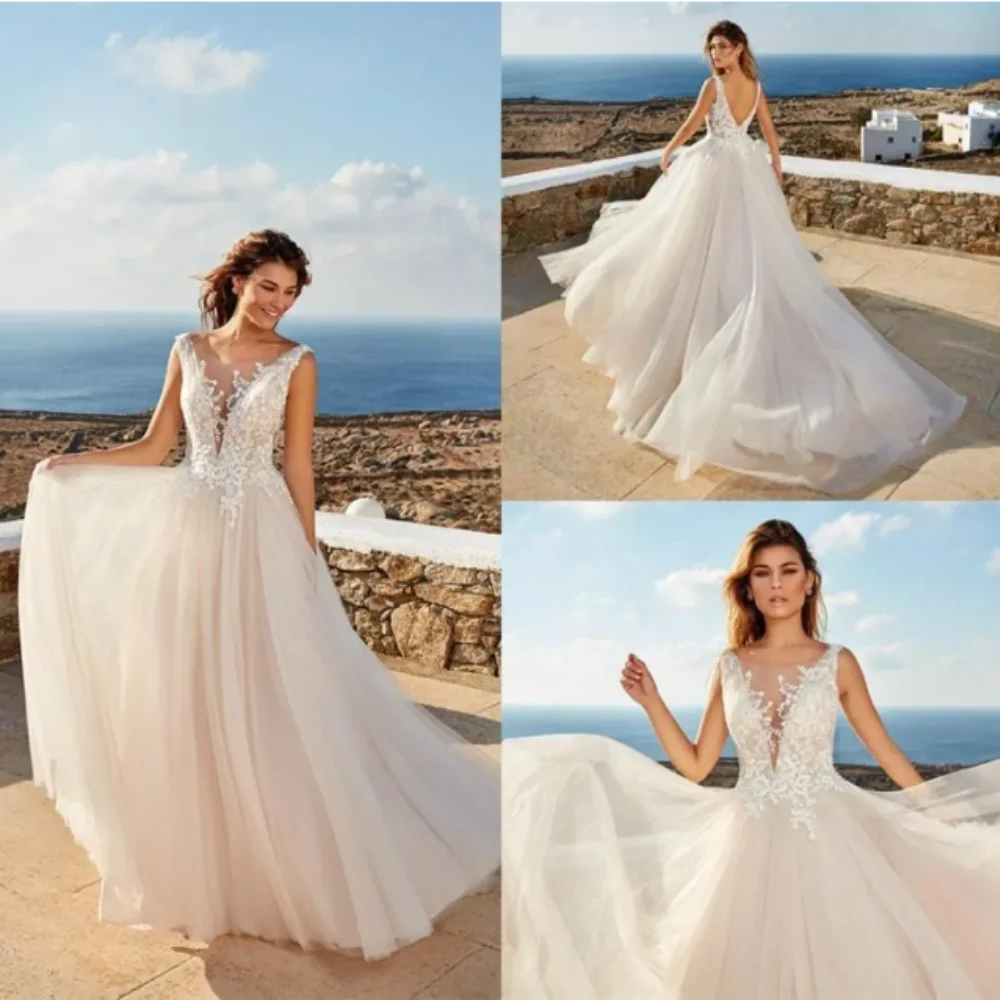 Boho Eddy K Aline abiti da sposa Appliqud pizzo Sexy scollo a v senza maniche Backless abito da sposa Sweep Train abiti da sposa da spiaggia economici