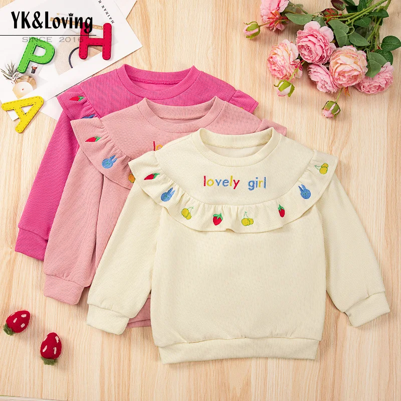 Girls' Autumn and Winter New Round Neck Cartoon Cute Simple and Versatile Lace Collar Embroidered Long Sleeved Hoodie