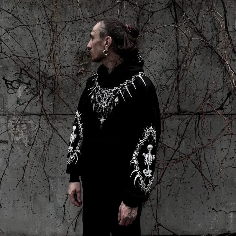 New Harajuku Gothic Punk Graphic Hoodie Men High Street Trendy Brand Y2K Streetwear American Retro Hip-hop Oversized Sweatshirt