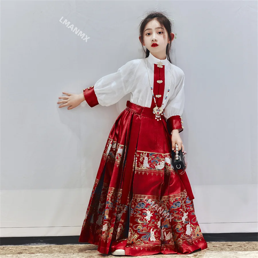 2024 NEW Summer Chinese Hanfu Dress For Girls Traditional Embroidery Horse-face Skirt For Kids Princess Hanbok