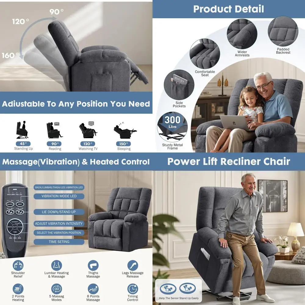 

Эргономичное кресло-реклайнер с массажем, подогревом и 3 положениями наклона, серое, для гостиных