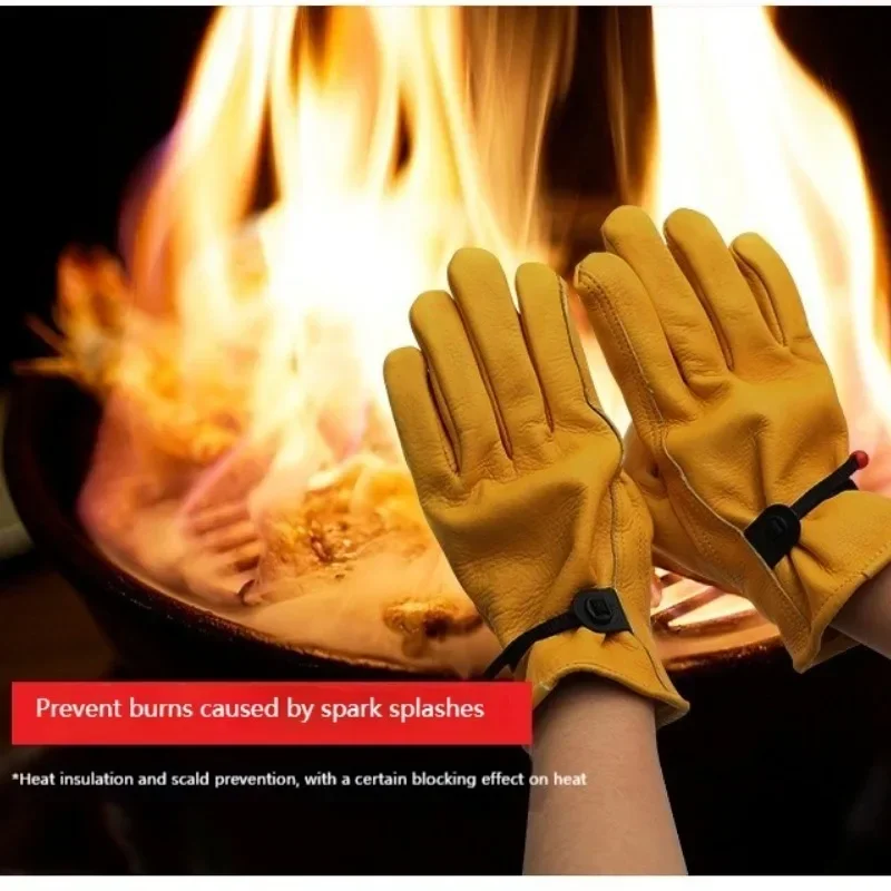 

2026 Heat Resistant Cowhide Leather Gloves Outdoor BBQ Anti-Scald Welding Safety Heat Proof Glove Camping Riding Hand Protective