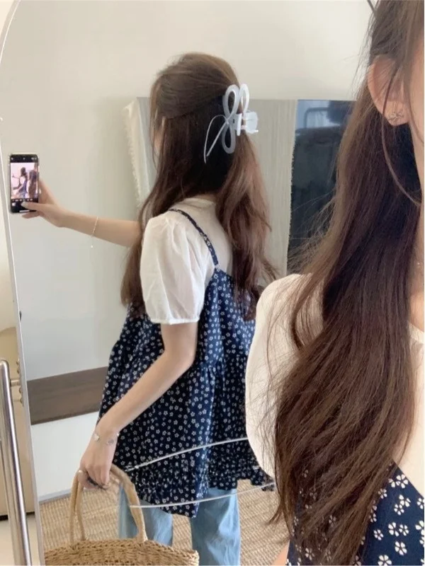 

Корейский многослойный комплект Faion, женская летняя футболка 202, новая базовая футболка с цветочным принтом, жилет из двух предметов, комплект для поездок на работу, Sle ort Sl...