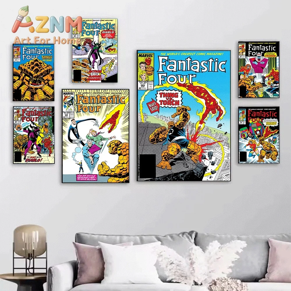AZNM Fantastic Four Unca Ben Wake Up Vintage Comic Cover Collage Canvas Wall Art Unframed Print, Superhero Poster for Bedroom