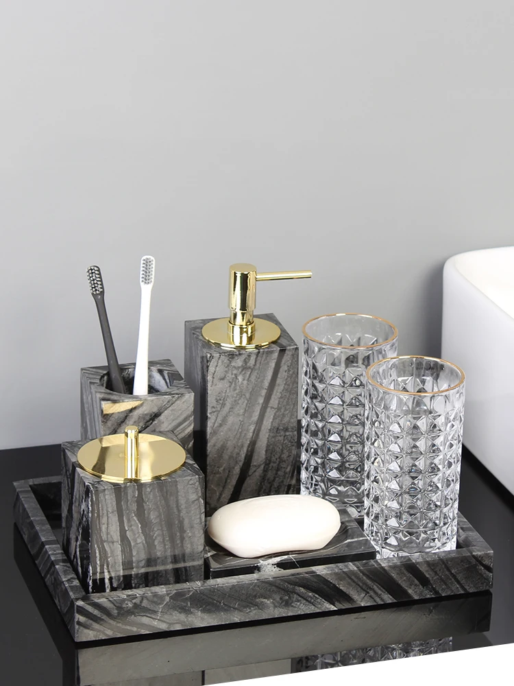 Tree Black Natural Marble Set for Bathroom Luxury Cotton Swabs Container Soap Dispenser Soap Dish Tray Bathroom Accessories