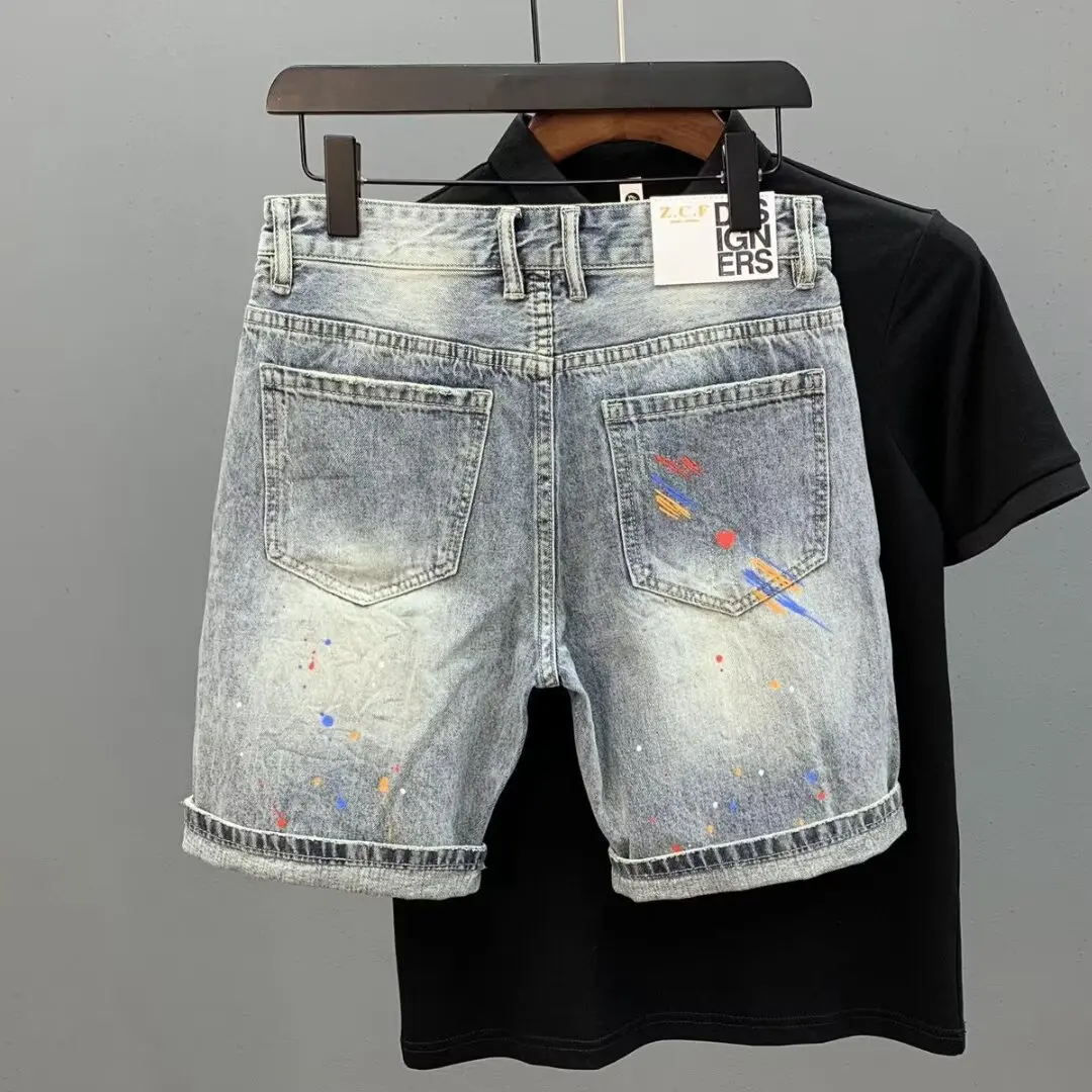 Summer Men's Jeans Casual Personality Printed Splash-Ink Ripped Slim-Fit Trendy Five-Point Pants Washed Denim Pants view 4