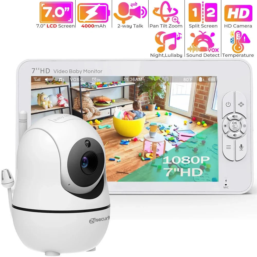 HD PTZ 카메라 및 오디오 포함 분할 스크린 베이비 모니터, 1080P HD 베이비 폰 카메라, 4 배 줌, 비디오 보모 없음, 와이파이, 핵 방지, 7 인치