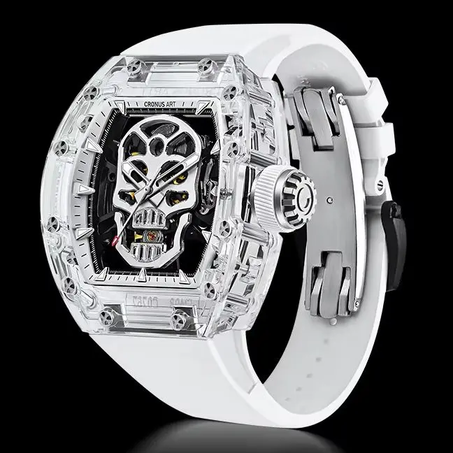 CRONUSART Men Automatic Watch 50mm Luxury Tonneau Mechanical Wristwatch Sapphire Case Luminous Skeleton Skull Dial
