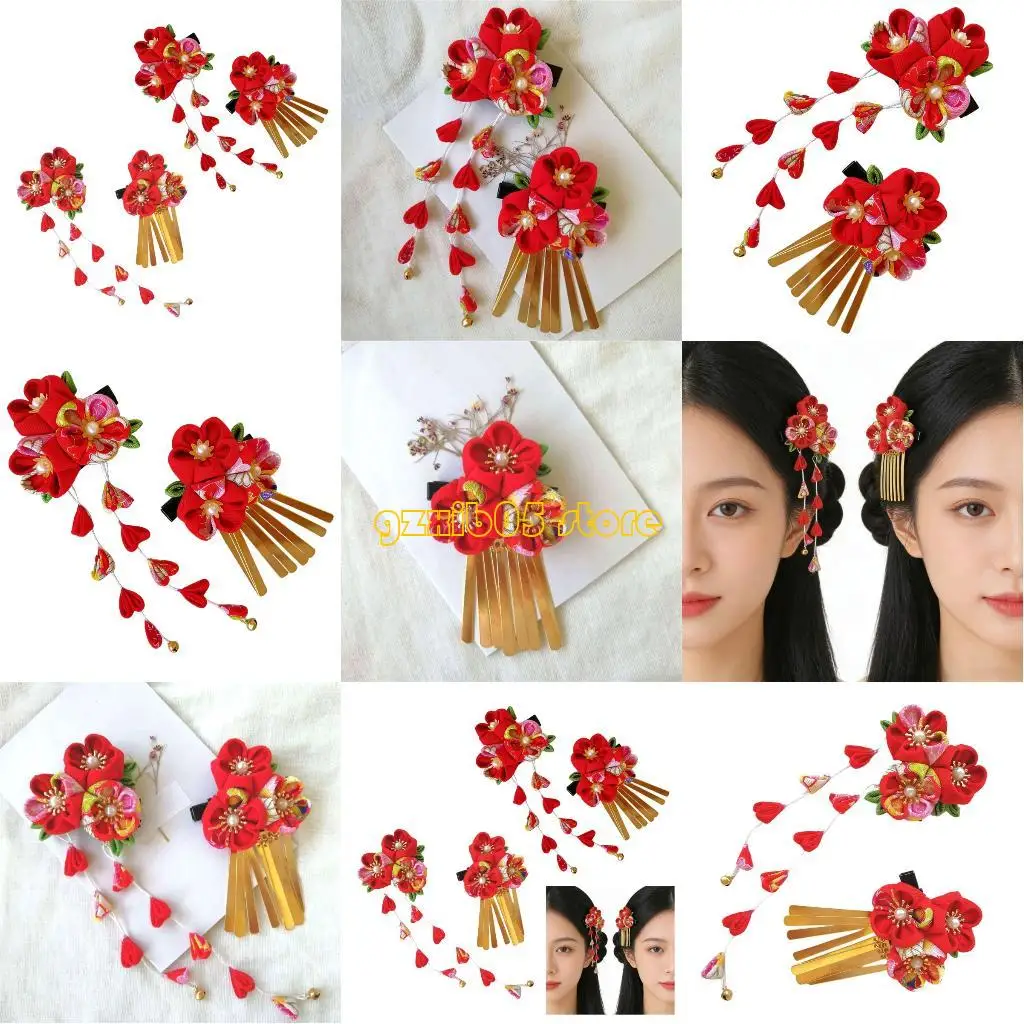 

C9GE Japanese Hairpin Fabric Flower Kanzashi Handmade Hair Styling Accessory Comfortable Hair Clip For Culture Event