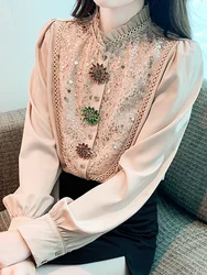 Vintage Luxury Sequins Long Sleeved Blouse Women Casual Diamonds Buttons Lace Trim Stand Collar Elegant Women Shirt Top