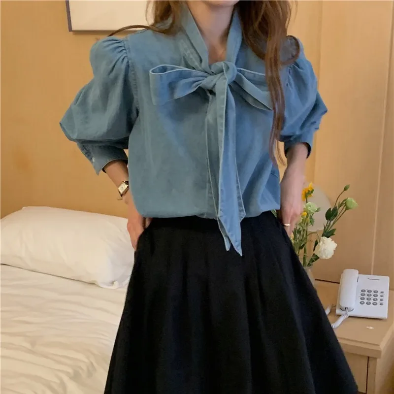 Matakawa Lace Up Bow Women Denim Shirts&blouses Solid Spring Autumn Korean Fashion Sweet Blusas Mujer Vintage Chic Camisas