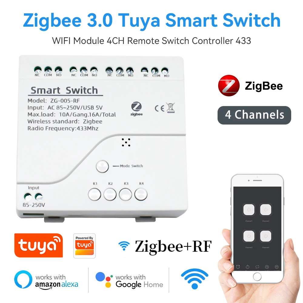 Умный модуль переключателя Tuya Zigbee, 4-канальный пульт дистанционного управления, переменный ток 85-250 В, 10 А, реле, работает с Alexa Google Home Smart Life