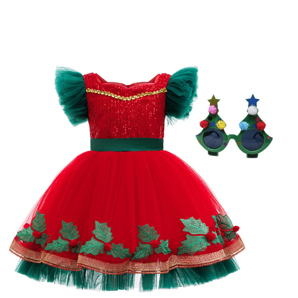 

Рождественское платье и очки для девочек, блестящие зеленые и красные пышные бальные платья с рукавами-крылышками для девочек, детское рождественское вечернее элегантное платье