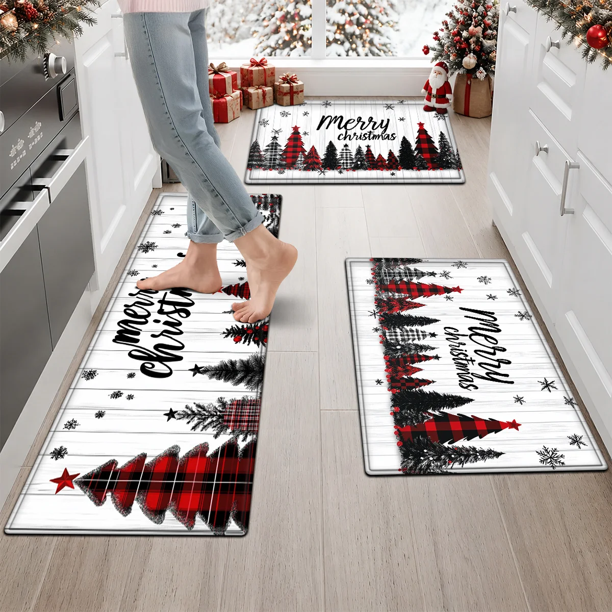 Christmas Kitchen Rugs Set Snowman Santa Xmas Print Non Slip Mat 1/2/3Pcs Options Washable Holiday Home Floor Decor