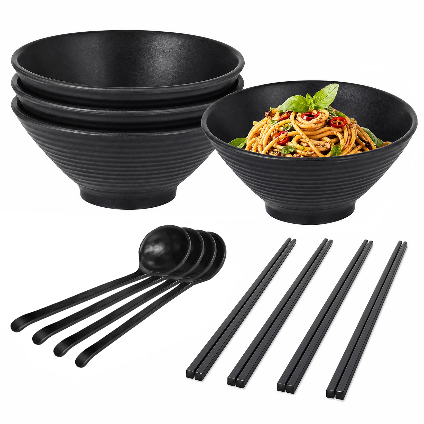 Juego de 12 piezas de tazones para ramen, 4 tazones de cerámica negra, 4 cucharas, 4 palillos para fideos, sopa, arroz, ensalada, juego de vajilla con tazones grandes en forma de cuenco.