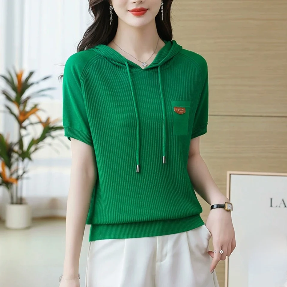 

Brand Outlet Ice Silk ort Sve T-irt Women's Summer Breathable Hooded Knitted Top Polyester Fiber Loose Fit Casual Sle
