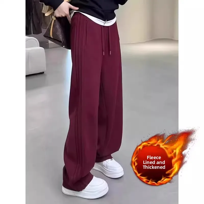 

plus Size Men's Straight Leg Pants Thiened Fce Autumn Winter Warm Casual Trousers Red Color Polyester Fiber Long Pants