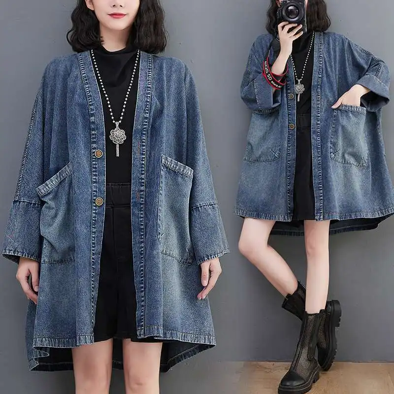 Women V Neck Loose Denim Tunic Jacket Oversized Big Pockets Vintage Washed Mid Long Casual Outerwear