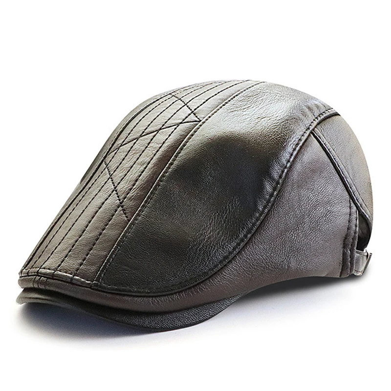 PU Leather Beret Hats Men Autumn Winter Faux Leather Herringbone Visor Middle-aged Men\'s Warm Flat Peaked Cap Adjustable