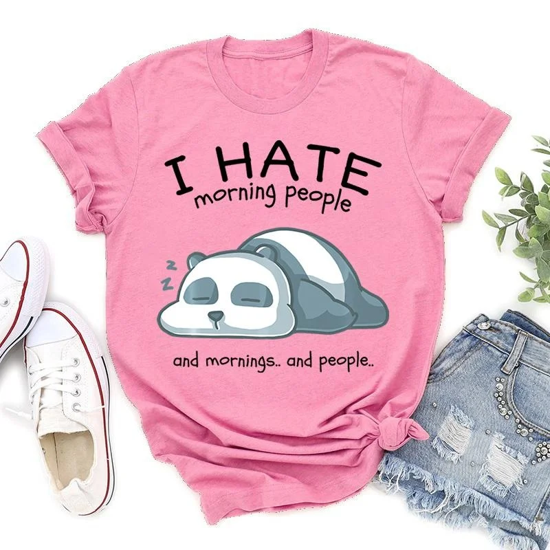 Cute I Hate Morning People Print T-shirts For Women Summer Lovely Short Sleeve Casual Round Neck T-shirts Ladies Creative Tops