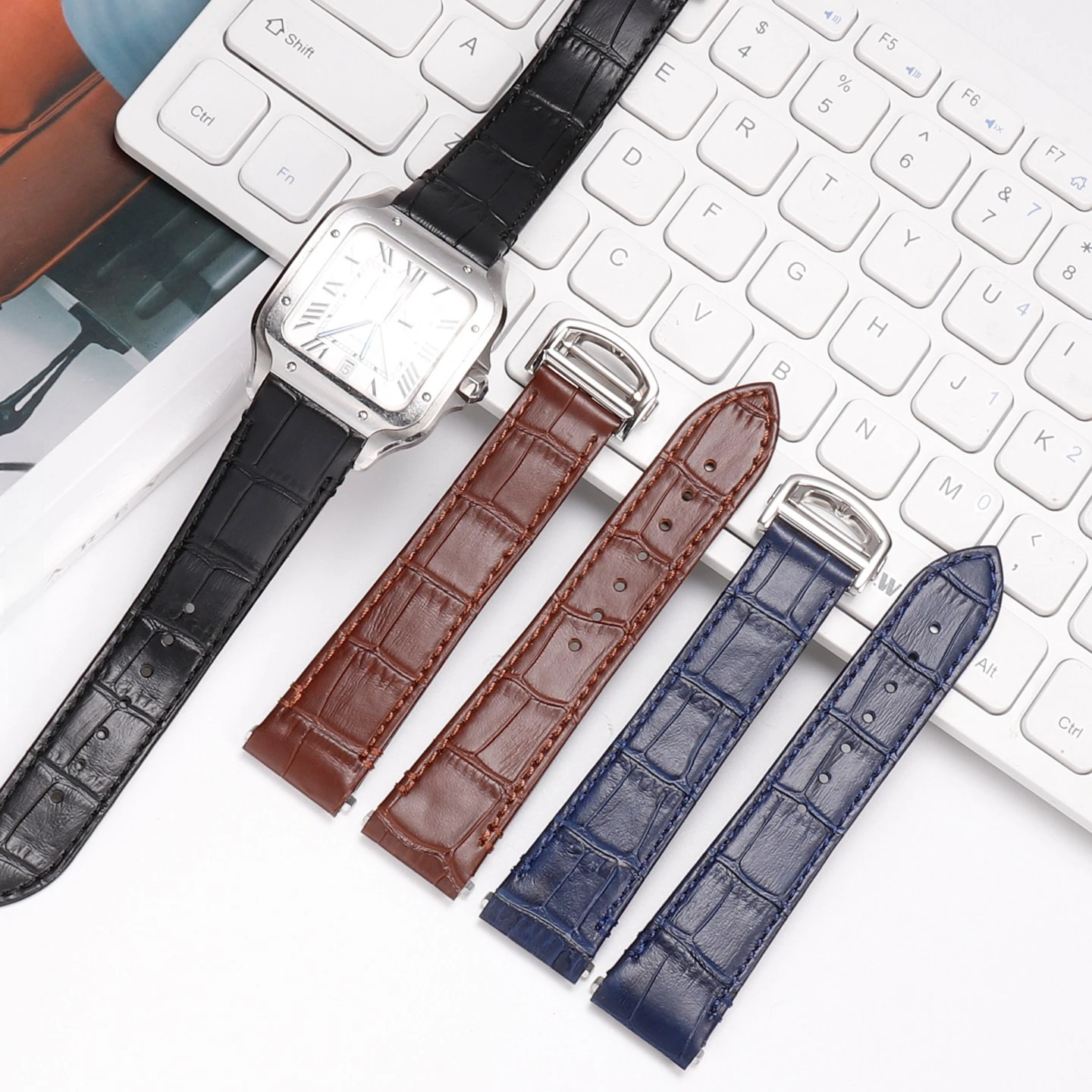 High-quality Crocodile-Pattern Leather strap For Cartier Santos WSSA0009 WSSA0029 replacement Quick-Release watch band 19mm 21mm