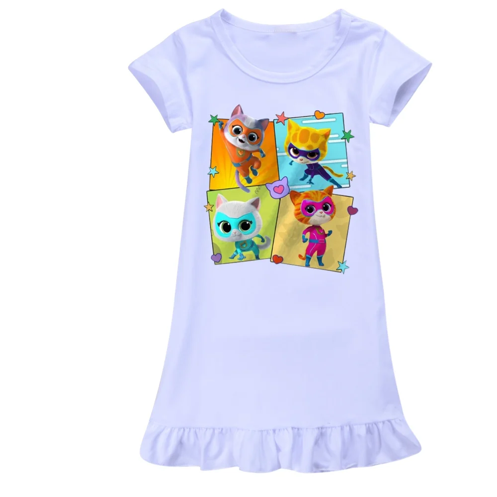 Game Super Kitties Dress Kids Pajamas NightDress Children Cartoon Summer Nightgown Daily Wear Baby Girls Short Sleeve Sleepwear