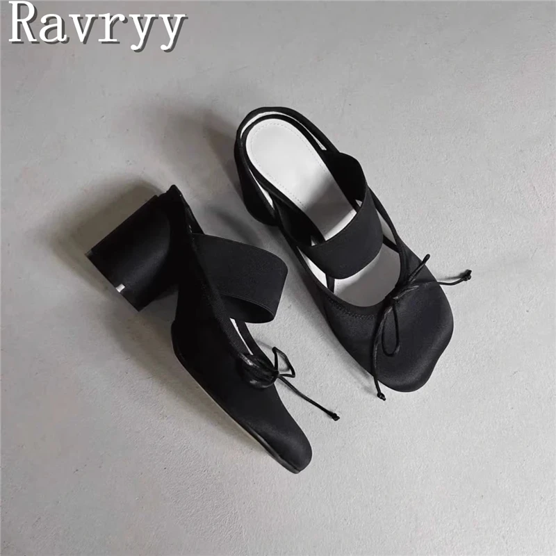 

Новые женские черные замшевые тапочки с узлами-бабочками, сандалии на круглом каблуке с квадратным носком, модные вечерние модельные туфли