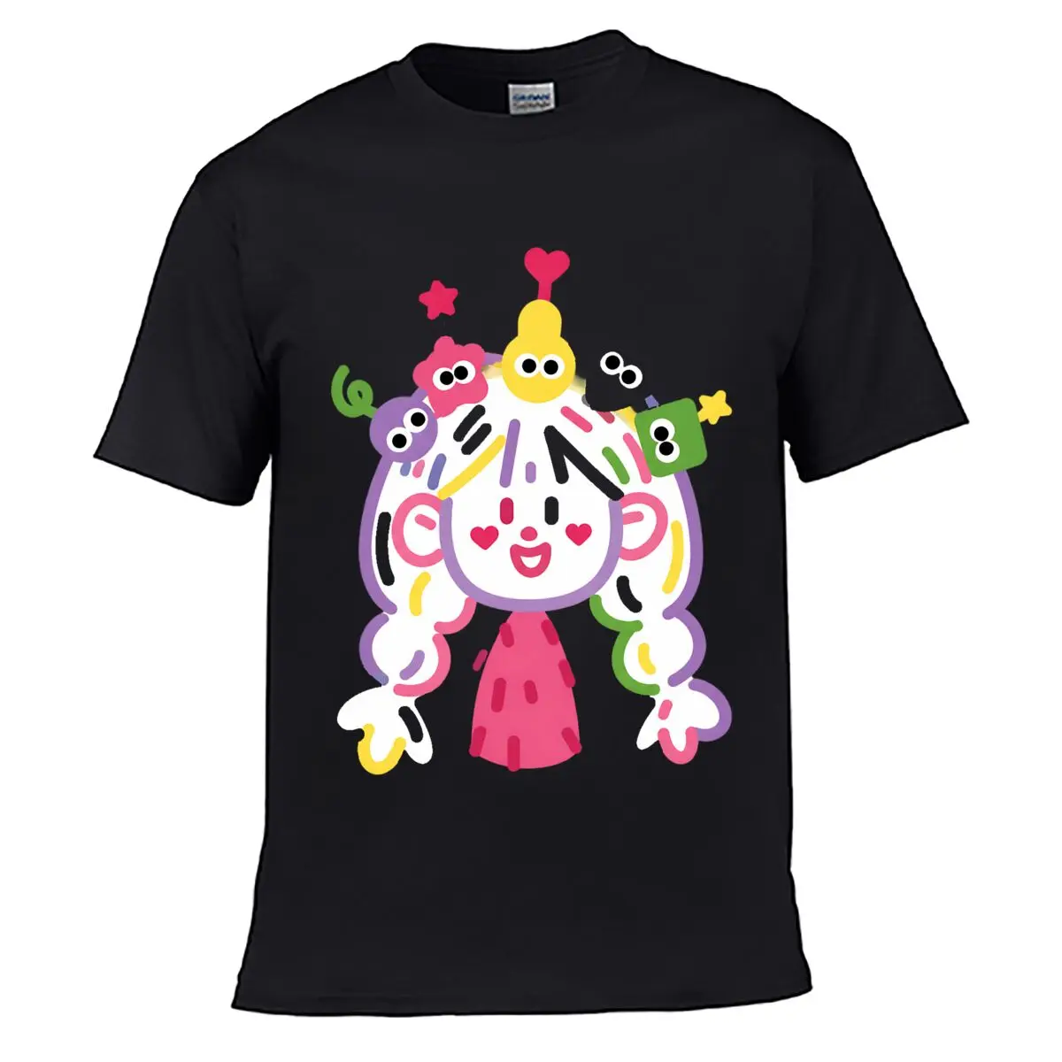 Colorful Doodle Curly Hair Girl Hearts Stars Solid Washed Vintage Tee Distressed Loose