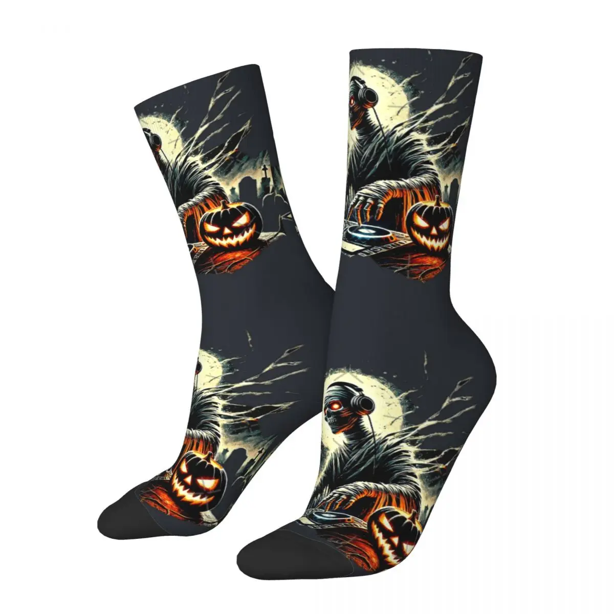 Crazy compression Halloween DJ Mummy With Ghosts And Pumpkins Sock for Men Vintage hip hop halloween2 Quality Pattern Crew Sock