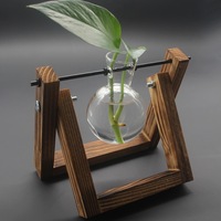 Desktop Glass Vase Wooden Frame Transparent Glass Ball Hydroponic Plant Container Flower Pot Home Bonsai Decor