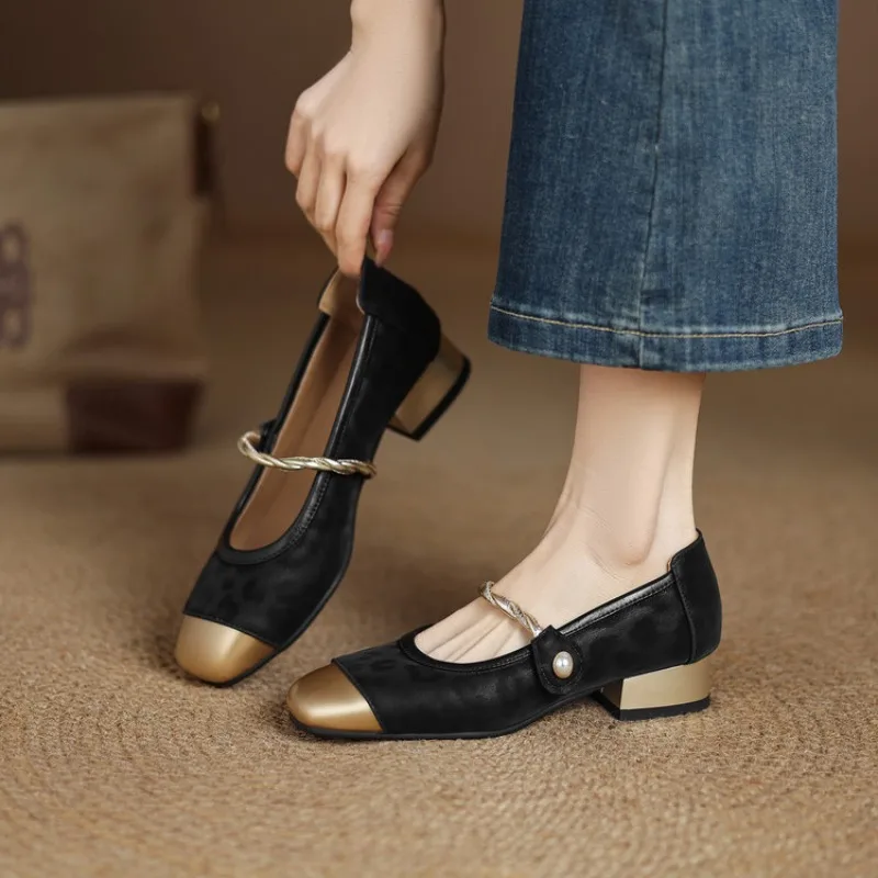 2026 Spring New Women's Single Shoes Square Head Coarse Heel Design Single with Round Buckle Decoration Daily Style Size 31-43