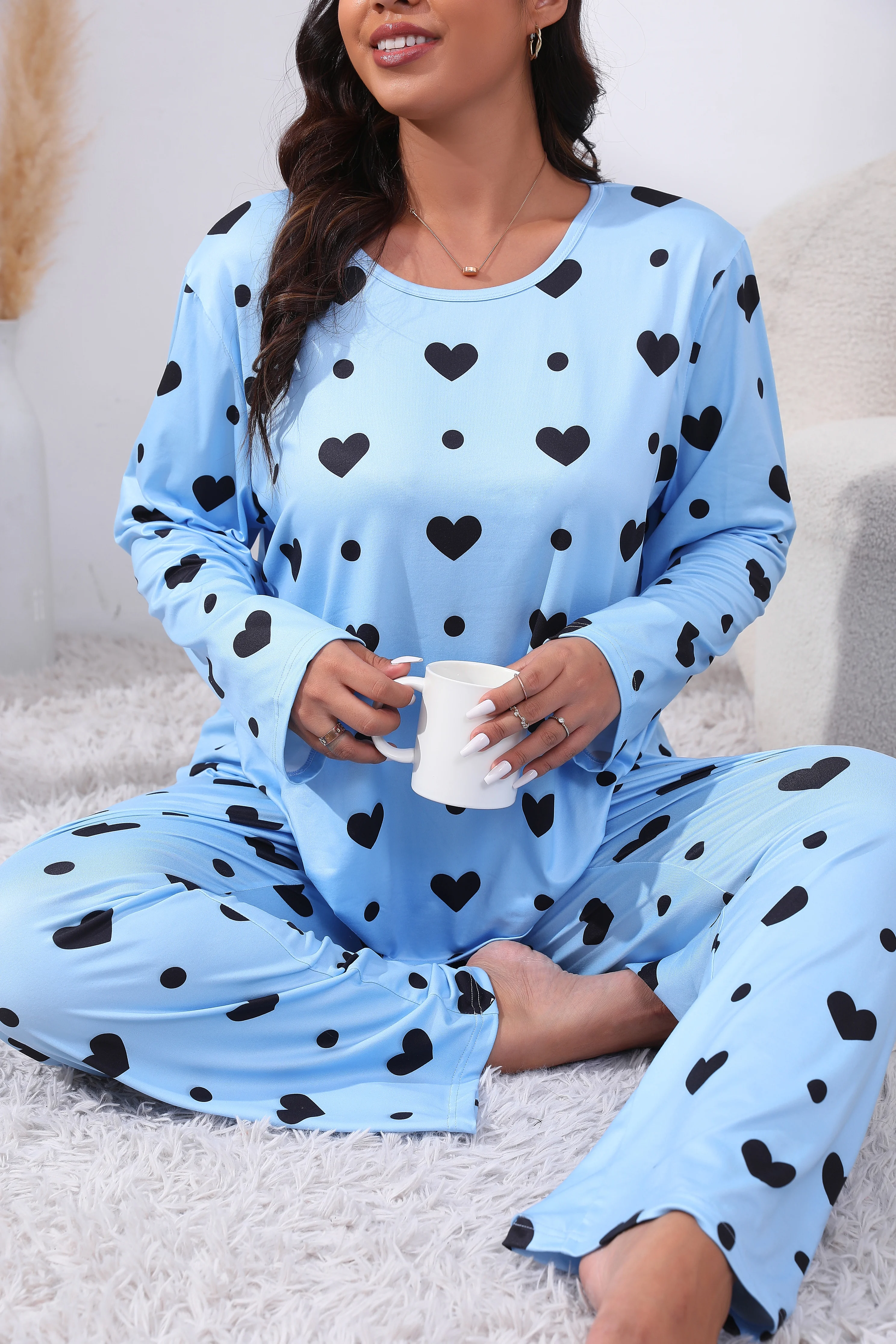 Women\'s Sleepwear Long Sleeve Shirt and Pants Set&Lounge Wear Quality  Heart Print Top and Trousers for Women Autumn Sleepwear