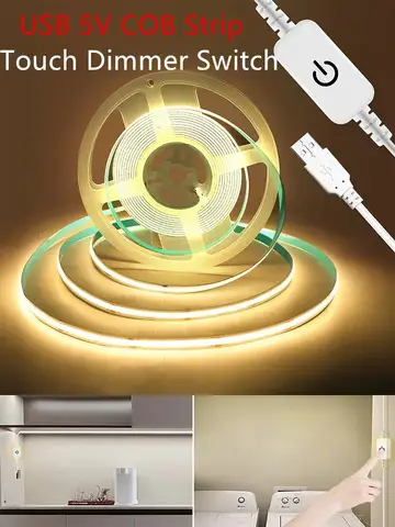 LED COB Light Strip Touch Dimmer Flexible Diode Tape 5V USB Linear Indoor Lighting Lamp Room DIY TV Mirror Backlight Wall Decor